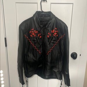 Black Leather Jacket with Red Floral Design